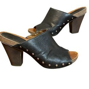 Nine West Black Leather Studded Women's Clog Heels Black Brown 8.5